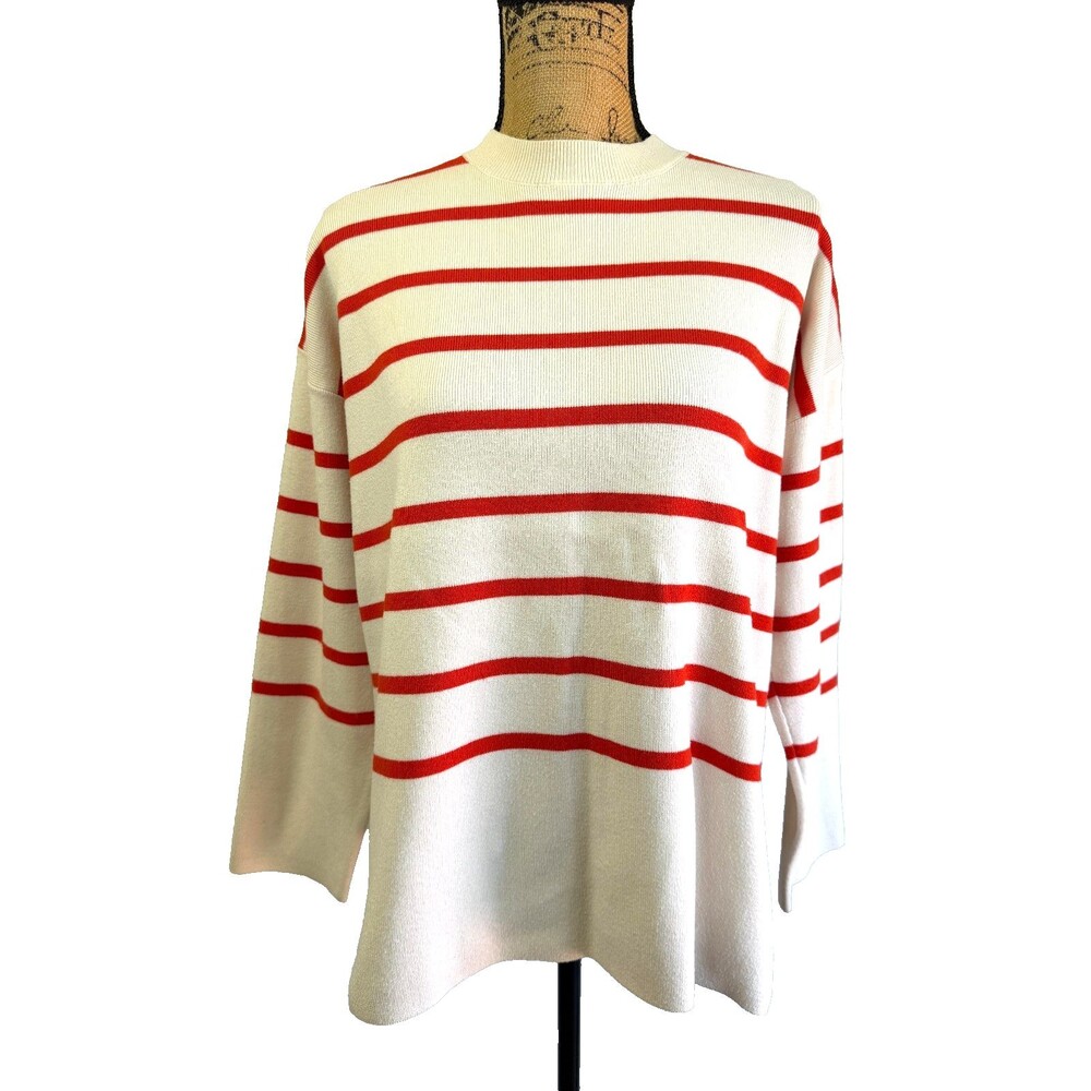 Zara Knit Sweater Ivory Red Stripe Mock Neck Drop Shoulder Oversized Top Sz S/M